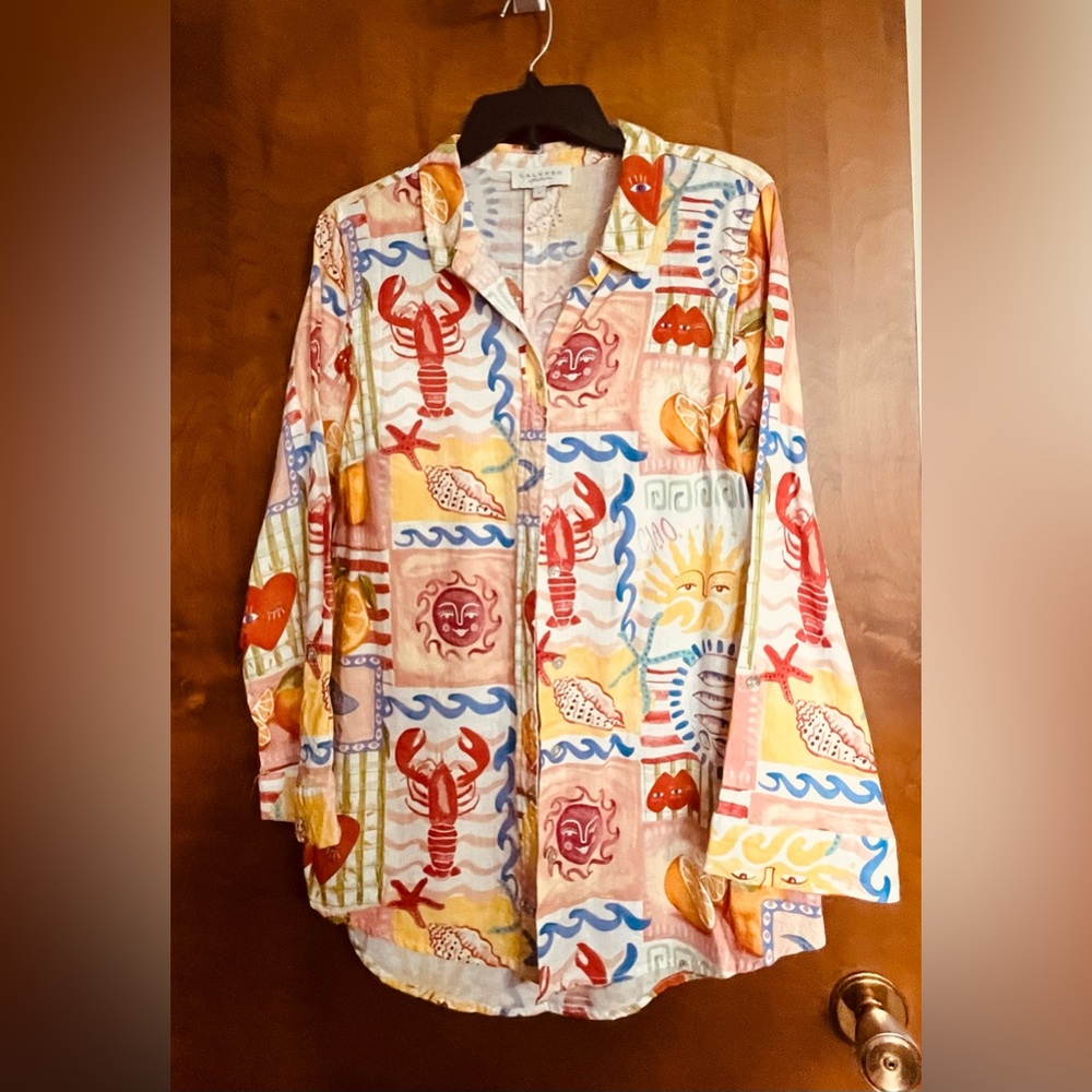 CALYPSO ST BARTH NWOT Ladies tropical print button down collared tunic shirt - Picture 11 of 11